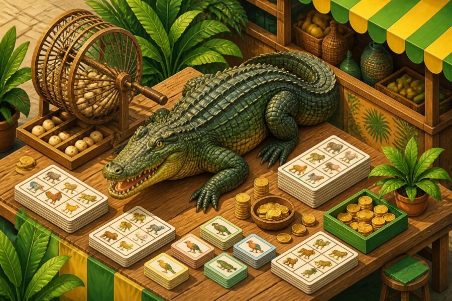 Ilustração de um jacaré cercado por elementos relacionados ao jogo do bicho, como bilhetes, moedas e uma gaiola de sorteio, em um ambiente colorido e detalhado.