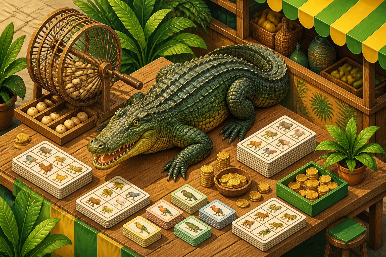Ilustração de um jacaré cercado por elementos relacionados ao jogo do bicho, como bilhetes, moedas e uma gaiola de sorteio, em um ambiente colorido e detalhado.