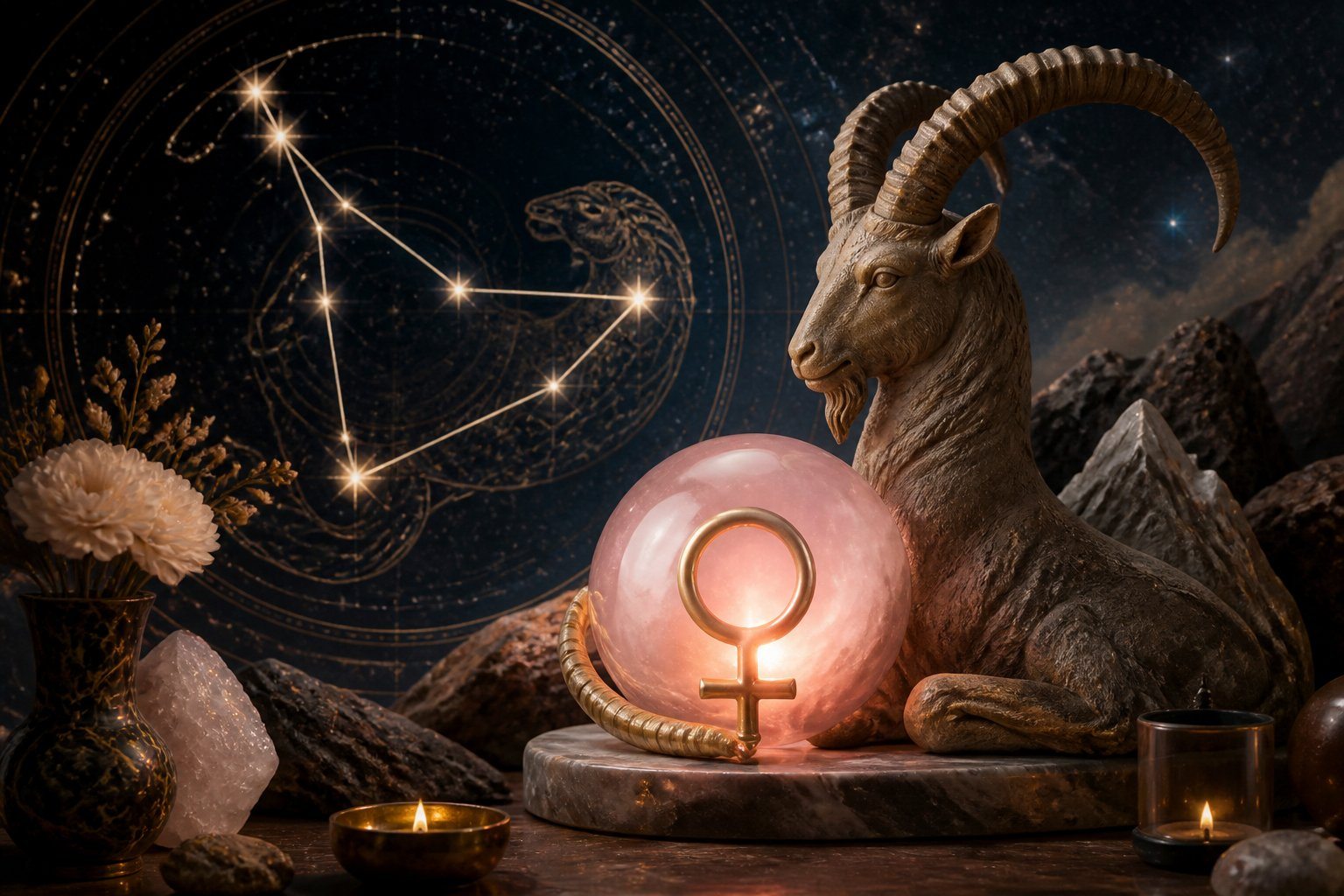Representação simbólica de Vênus em Capricórnio com um fundo estrelado mostrando a constelação de Capricórnio e elementos que remetem à terra e montanhas.