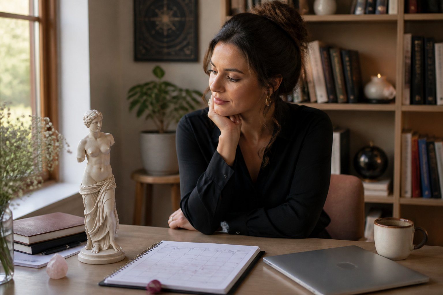 Mulher jovem pensativa sentada em uma mesa moderna, olhando para uma pequena estátua de Vênus, com elementos de compromisso e organização ao redor.