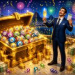 Cena com um homem de terno segurando um bilhete de loteria vencedor ao lado de um baú dourado cheio de bolas de loteria, dinheiro e moedas, com decoração festiva ao redor.