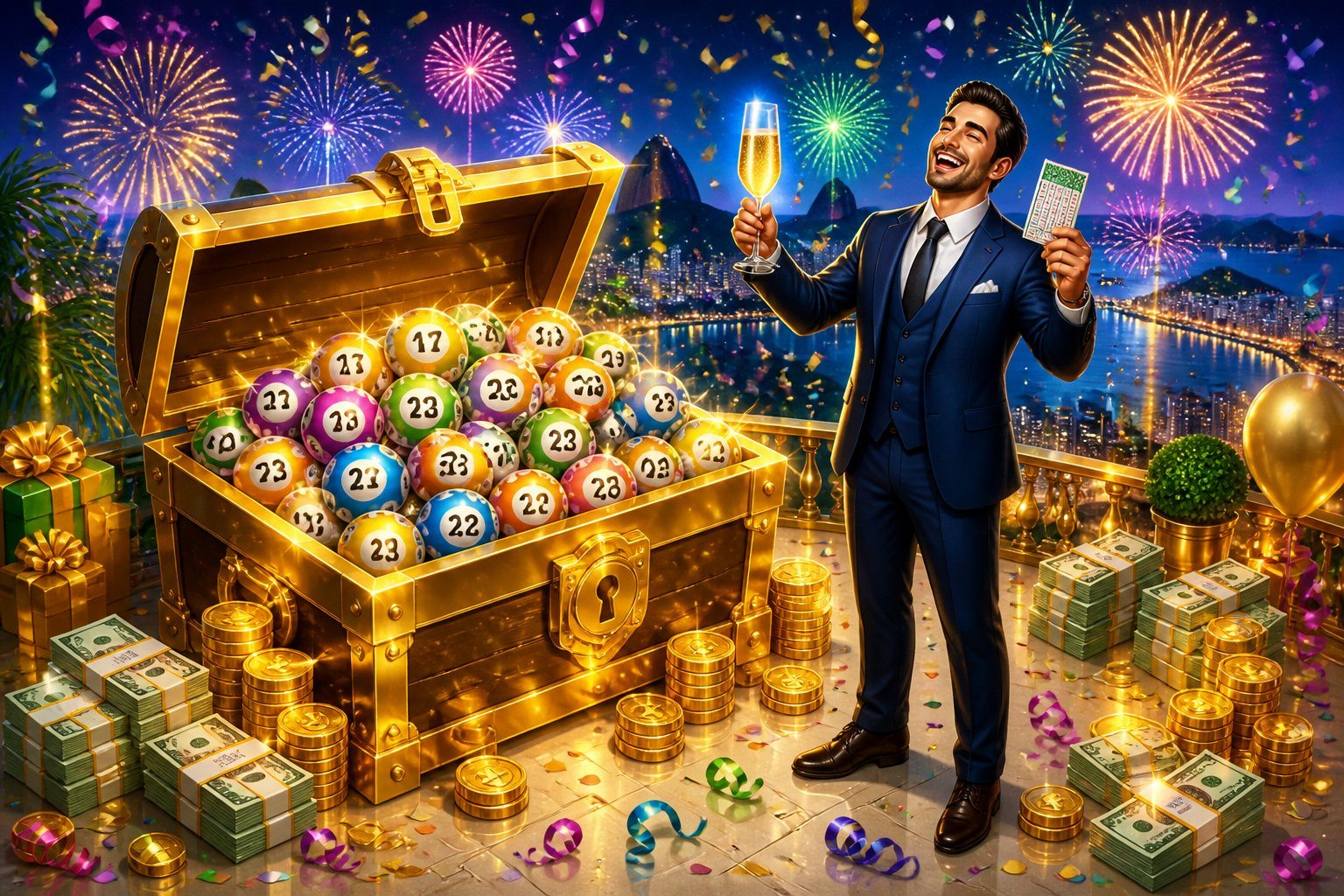 Cena com um homem de terno segurando um bilhete de loteria vencedor ao lado de um baú dourado cheio de bolas de loteria, dinheiro e moedas, com decoração festiva ao redor.