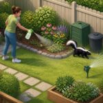 Pessoa usando um borrifador e um aspersor automático para afastar um gambá de um jardim cercado.