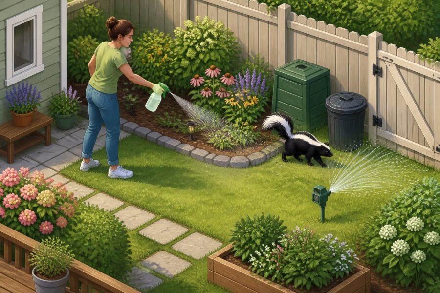 Pessoa usando um borrifador e um aspersor automático para afastar um gambá de um jardim cercado.