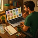 Pessoa sentada em uma mesa olhando para um laptop com ícones de animais, rodeada por bilhetes de loteria e uma lista de números, em um ambiente de escritório aconchegante.