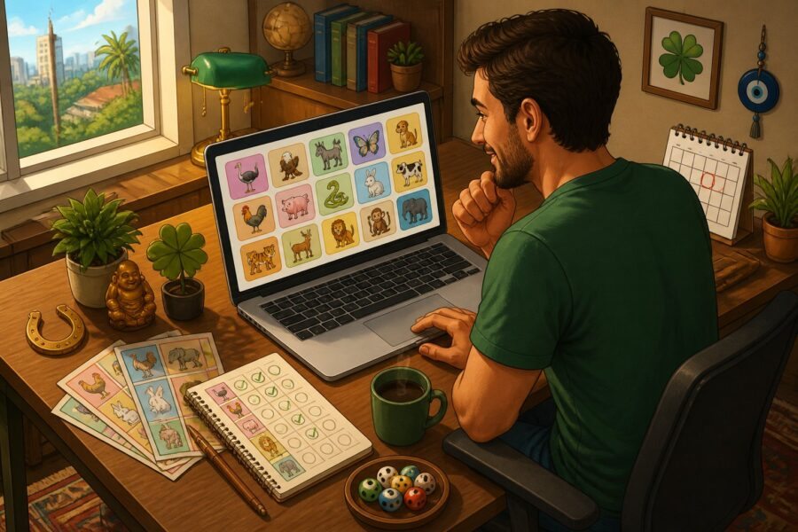 Pessoa sentada em uma mesa olhando para um laptop com ícones de animais, rodeada por bilhetes de loteria e uma lista de números, em um ambiente de escritório aconchegante.