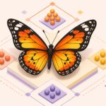 Ilustração de uma borboleta colorida com asas detalhadas em tons de laranja, amarelo e preto, rodeada por elementos numéricos abstratos em um layout geométrico.