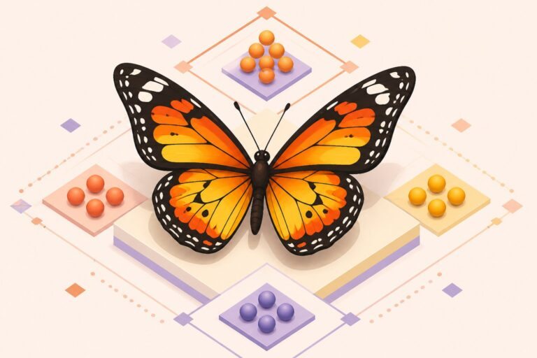 Ilustração de uma borboleta colorida com asas detalhadas em tons de laranja, amarelo e preto, rodeada por elementos numéricos abstratos em um layout geométrico.