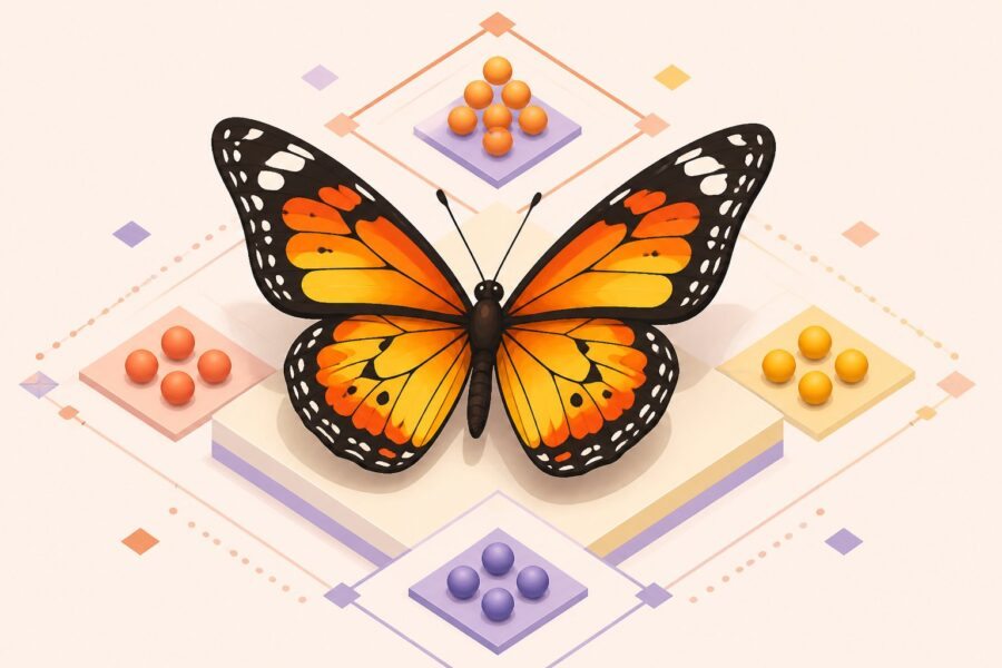 Ilustração de uma borboleta colorida com asas detalhadas em tons de laranja, amarelo e preto, rodeada por elementos numéricos abstratos em um layout geométrico.
