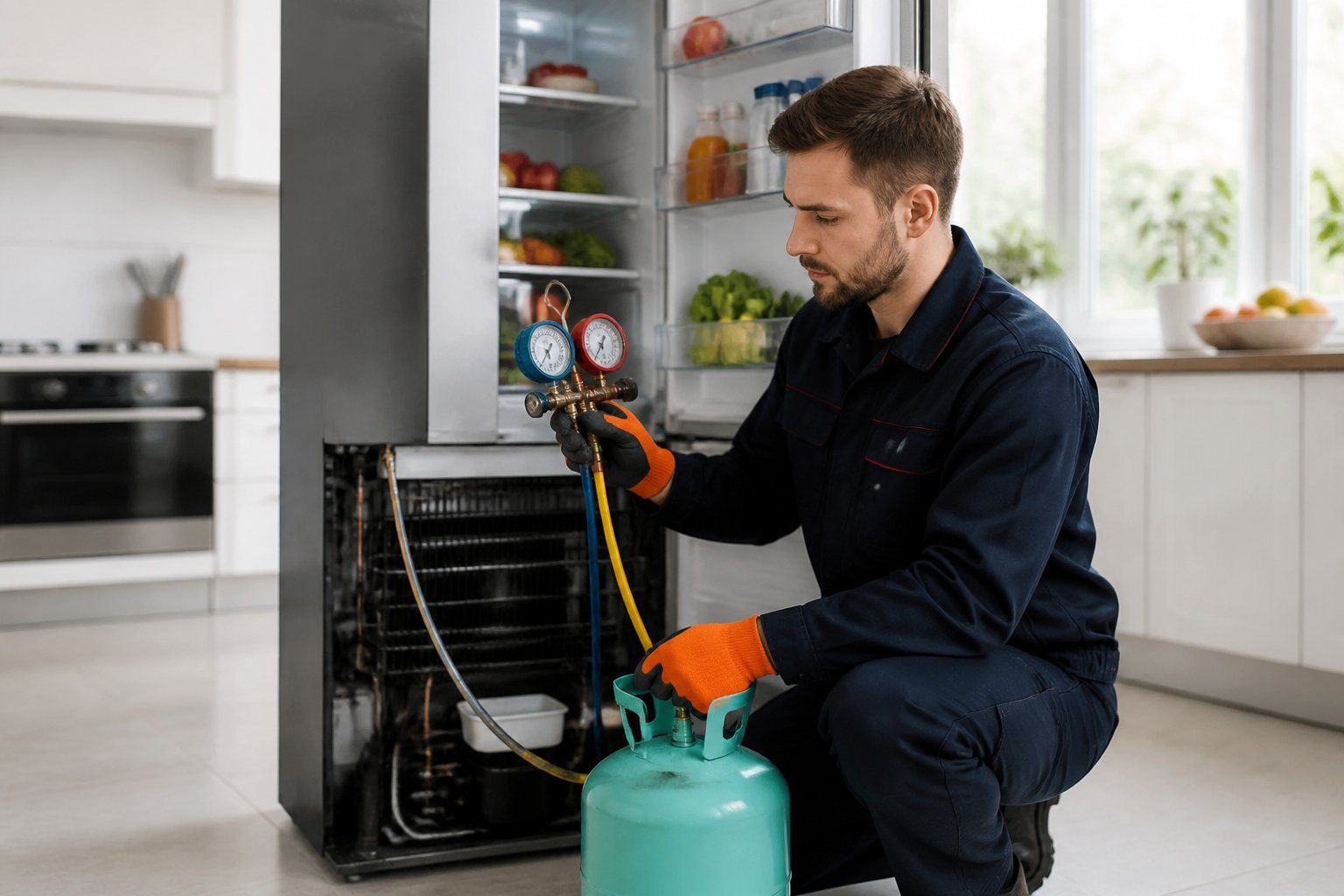 Técnico inspecionando a parte traseira de uma geladeira com cilindro de gás e manômetro em uma cozinha moderna.