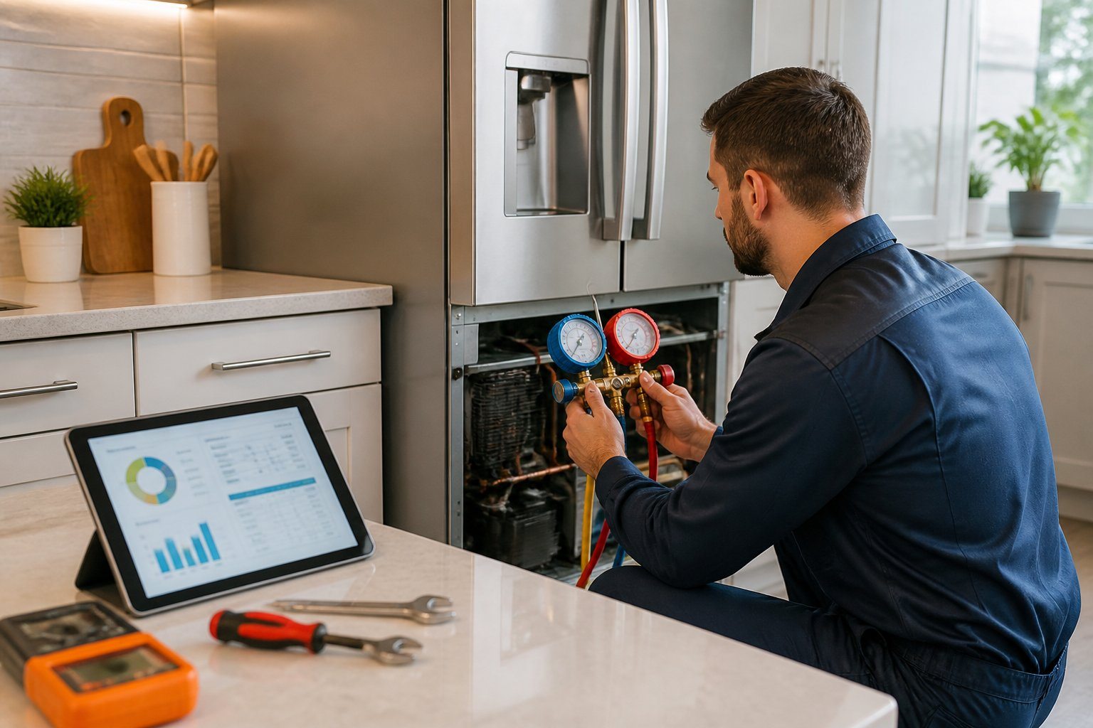 Técnico inspecionando uma geladeira moderna em uma cozinha, com equipamentos para verificar o gás refrigerante.