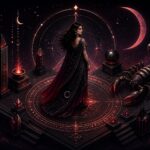 Ilustração de uma figura humana cercada por um escorpião estilizado, com elementos celestiais ao fundo e cores escuras que transmitem mistério e intensidade.