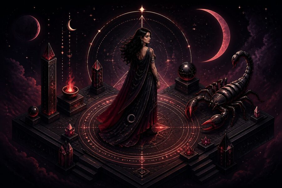 Ilustração de uma figura humana cercada por um escorpião estilizado, com elementos celestiais ao fundo e cores escuras que transmitem mistério e intensidade.