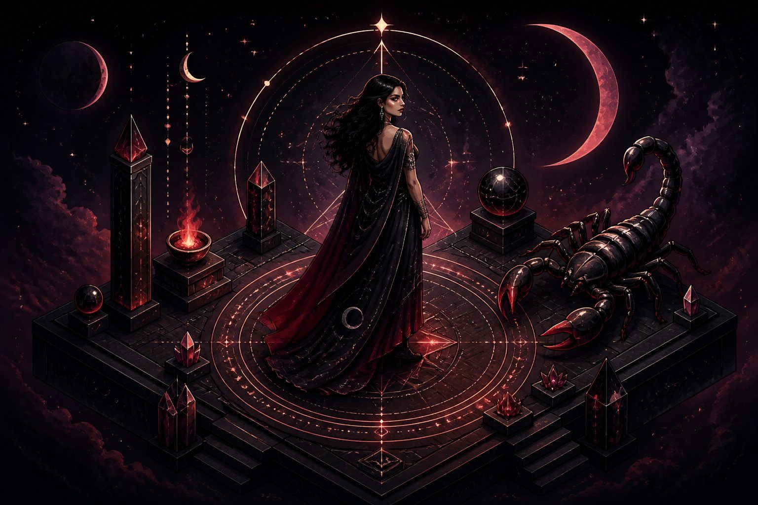 Ilustração de uma figura humana cercada por um escorpião estilizado, com elementos celestiais ao fundo e cores escuras que transmitem mistério e intensidade.
