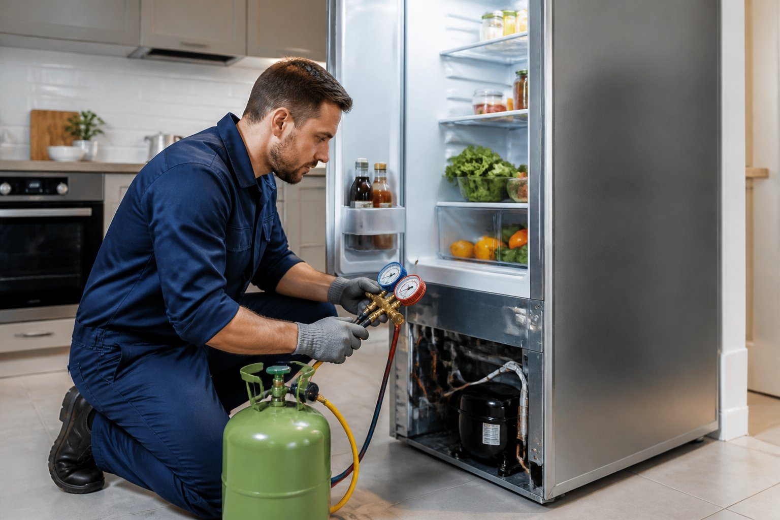 Técnico verificando e repondo o gás de uma geladeira em uma cozinha moderna.