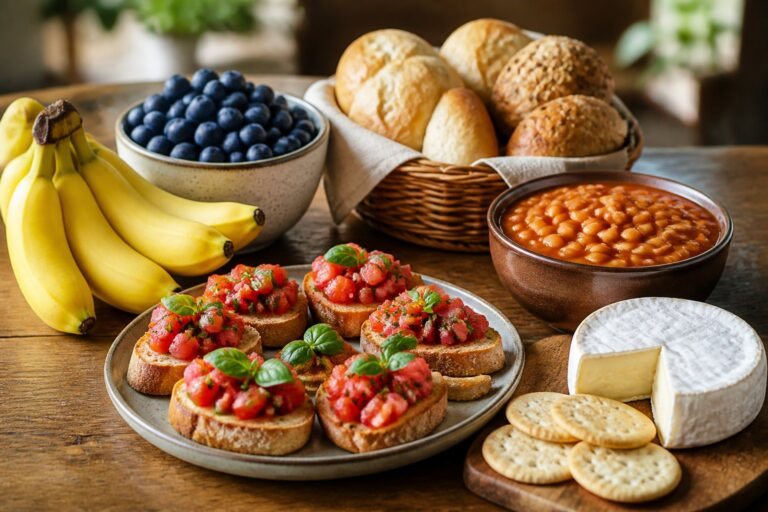 Mesa de madeira com diversas comidas que começam com a letra B, incluindo bananas, mirtilos, bruschetta, pães, feijão assado e queijo brie.