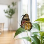 Borboleta pousada em uma planta dentro de uma casa iluminada pelo sol.