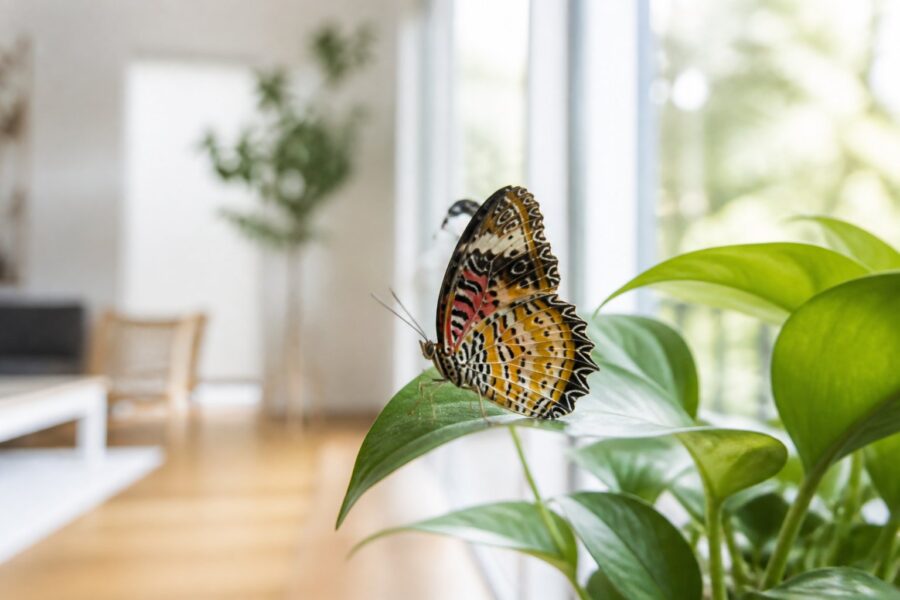 Borboleta pousada em uma planta dentro de uma casa iluminada pelo sol.