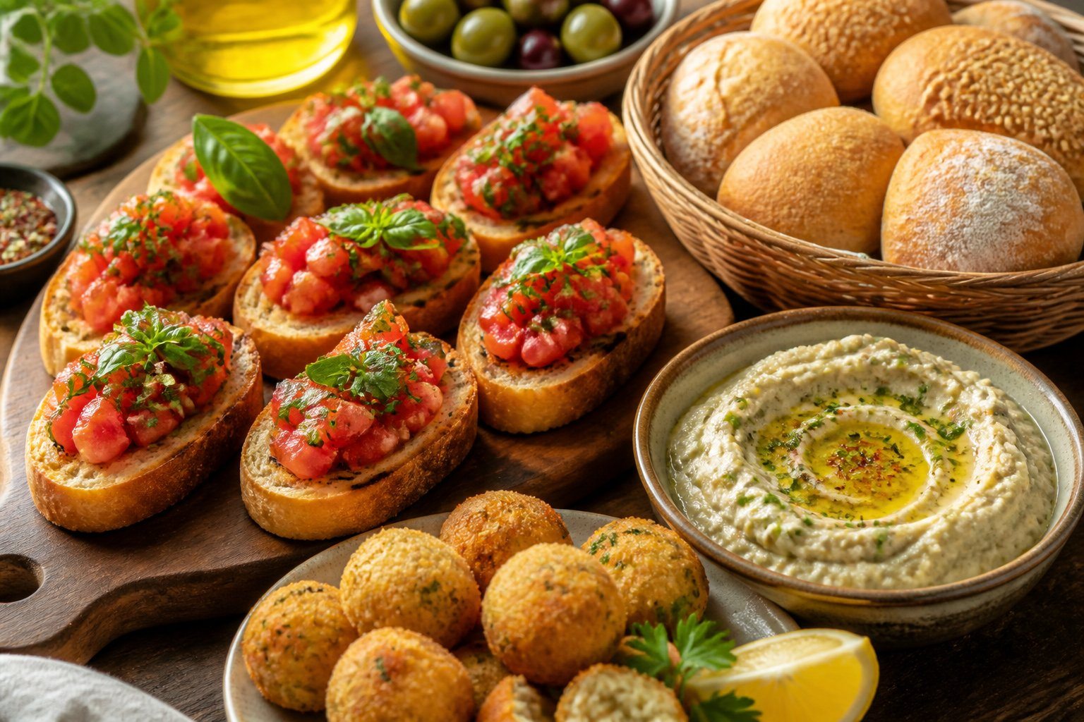 Mesa com uma variedade de pratos salgados, lanches e entradas que começam com a letra B, incluindo bruschettas, bolinhos de bacalhau, baba ganoush e pães frescos.