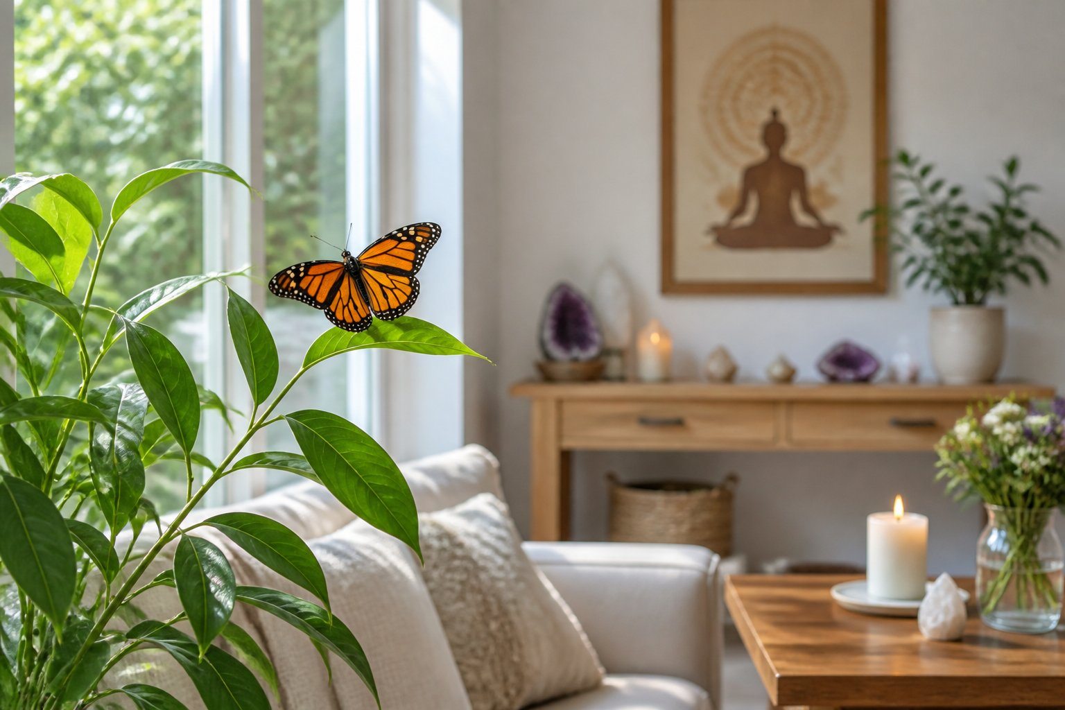 Borboleta pousada em uma planta dentro de uma sala iluminada com móveis de madeira e decoração simples.