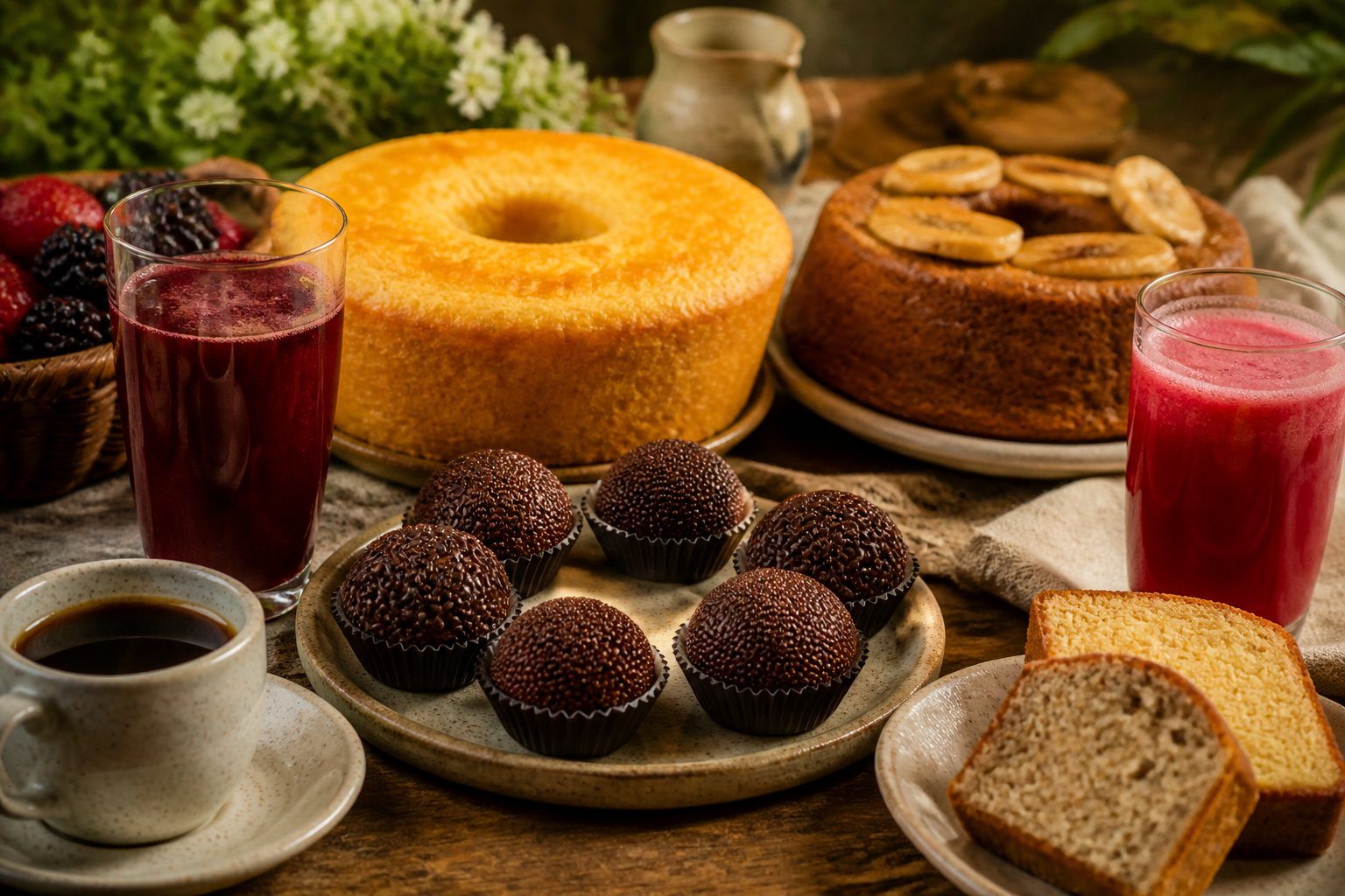 Mesa com doces tradicionais, bolos variados e bebidas coloridas, todos começando com a letra B.