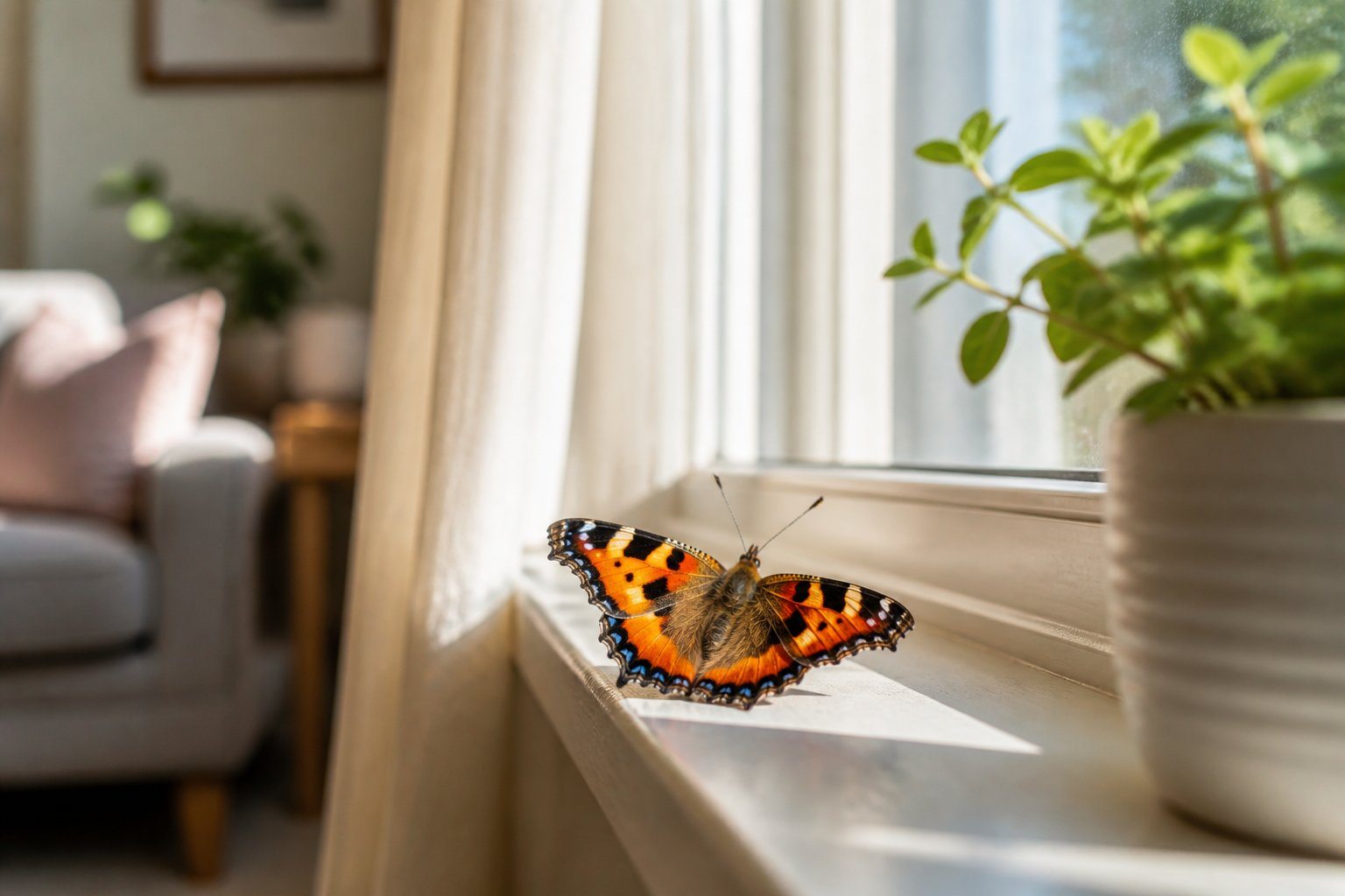 Uma borboleta colorida pousada em um parapeito de janela dentro de uma casa, com luz natural entrando pela janela e plantas ao fundo.