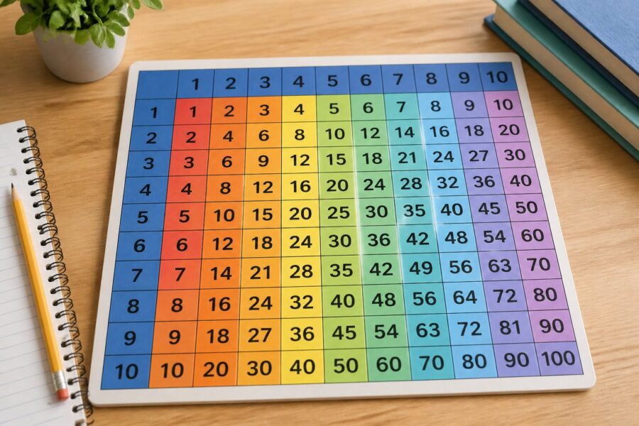 Tabela pitagórica colorida organizada em uma grade sobre uma mesa de madeira, com números de 1 a 10 e seus resultados de multiplicação.