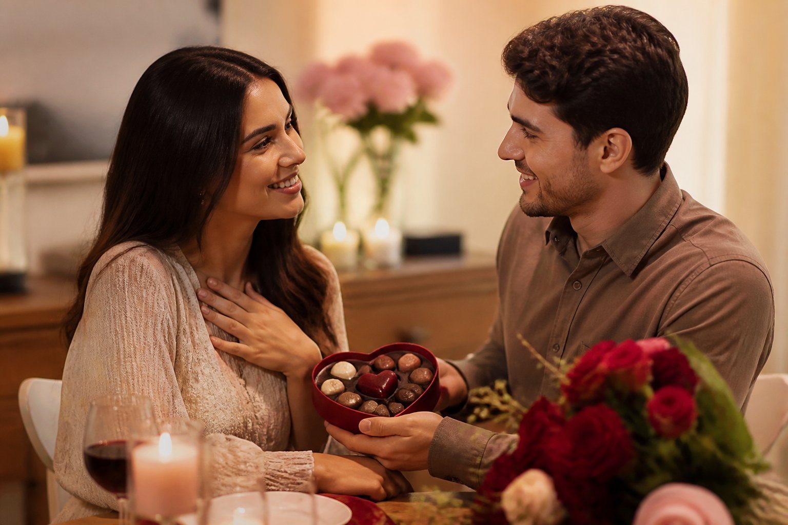 Um casal sentado junto em uma mesa aconchegante, trocando gestos carinhosos em um ambiente romântico com velas e flores.