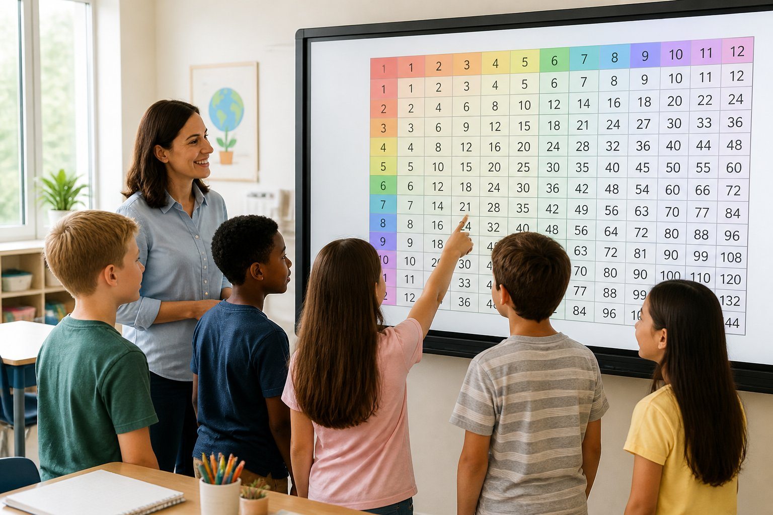 Sala de aula com alunos atentos olhando para uma tabela pitagórica colorida exibida em um quadro, com um professor sorridente orientando-os.