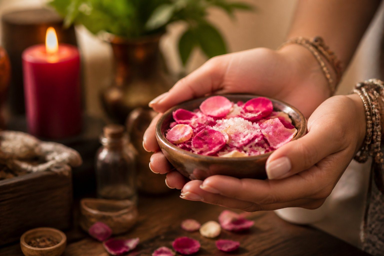 Duas mãos segurando uma tigela pequena com pétalas de flores coloridas e cristais de açúcar, com uma vela acesa e plantas desfocadas ao fundo.