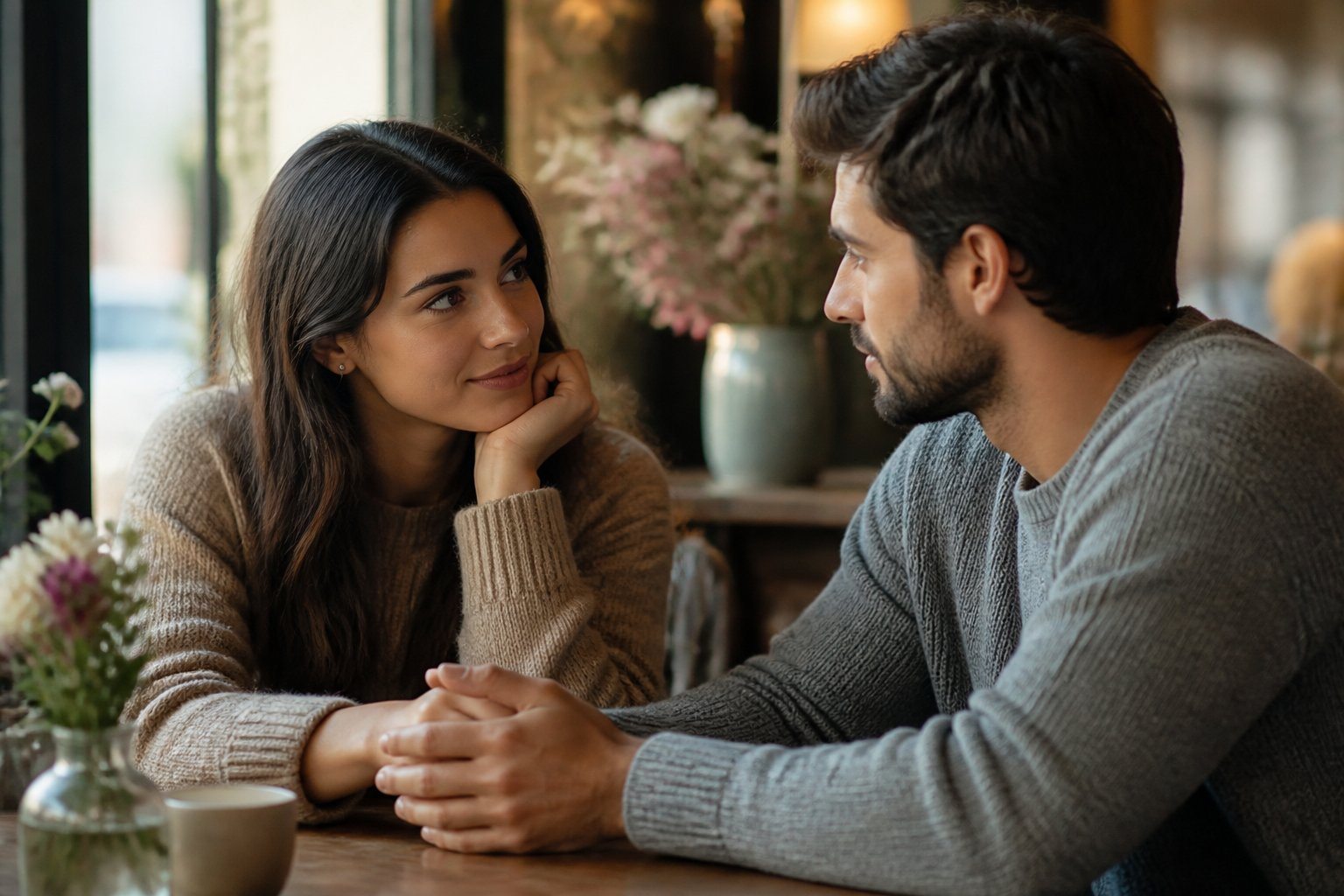 Um casal jovem conversando atentamente em uma mesa de café, transmitindo conexão e intimidade emocional.