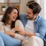 Casal jovem sorrindo e se divertindo juntos em uma sala de estar aconchegante.