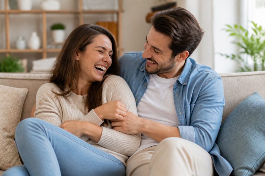 Casal jovem sorrindo e se divertindo juntos em uma sala de estar aconchegante.