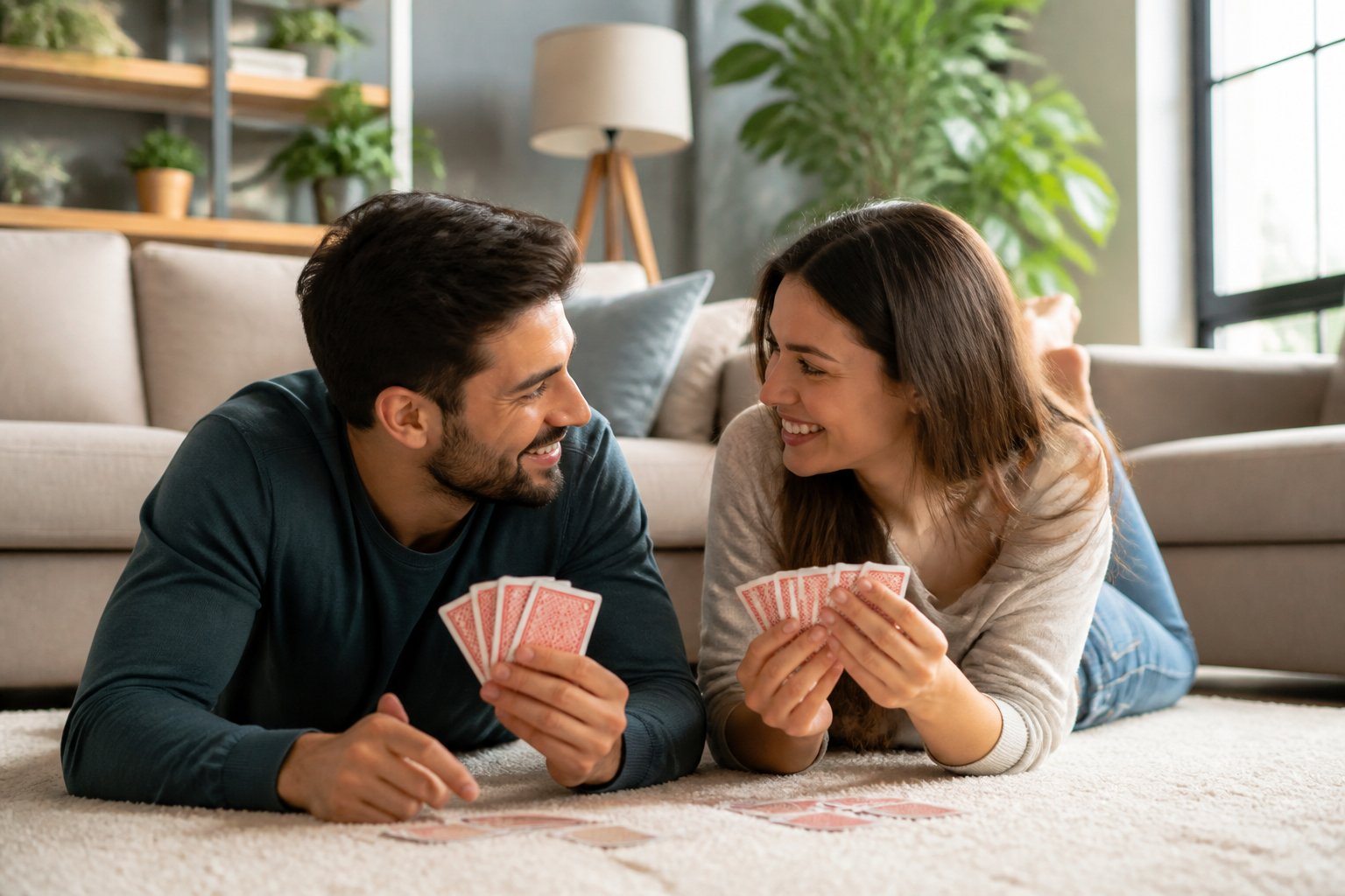 Casal sorrindo e brincando junto em uma sala de estar aconchegante e iluminada.