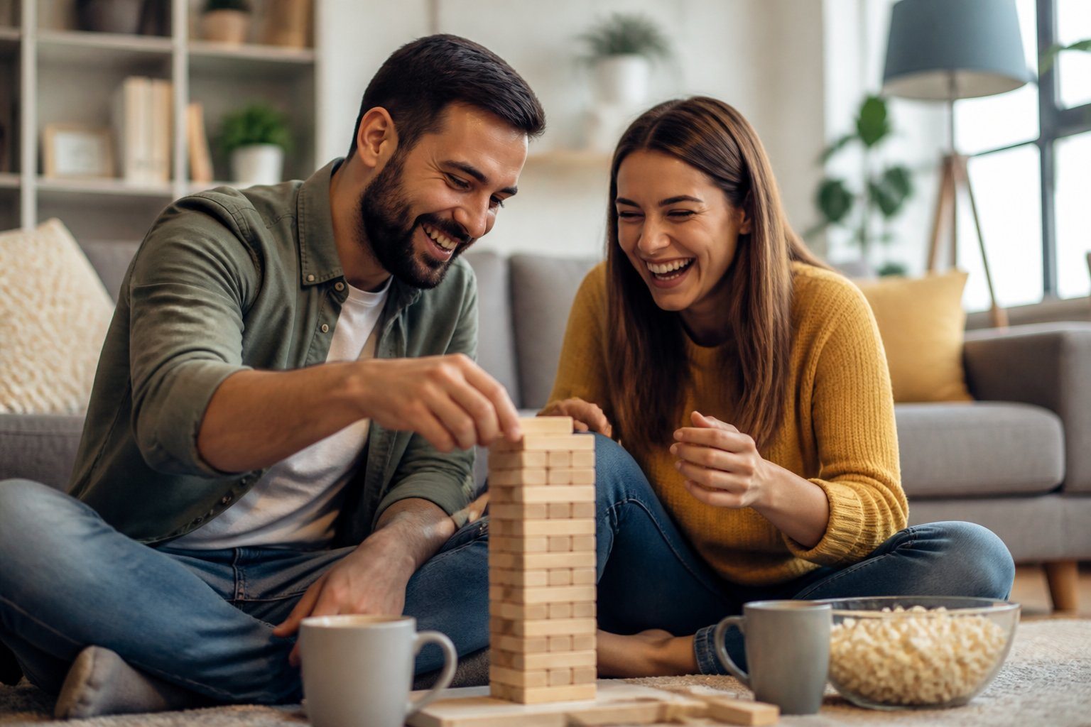 Casal sorrindo e se divertindo juntos em uma sala de estar aconchegante, participando de brincadeiras de casal.